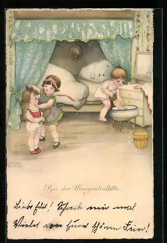 Künstler-AK Hannes Petersen: Kinder bei der Morgentoilette