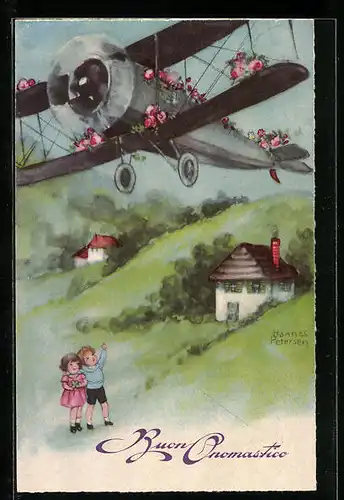Künstler-AK Hannes Petersen: Kinder winken Flugzeug in der Luft