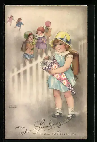 Künstler-AK Hannes Petersen: Mädchen mit Schultüte, Glückwunsch zum Schulanfang