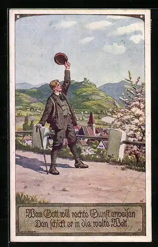 Künstler-AK Ernst Kutzer: Wem Gott will rechte Gunst erweisen..., Wanderer winkt mit seiner Mütze