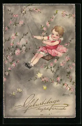 Künstler-AK Hannes Petersen: Mädchen auf einer Schaukel, Geburtstagsgruss