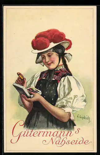 Künstler-AK Curt Liebich: Frau mit einem Nähkästchen, Reklame für Gütermann`s Nähseide