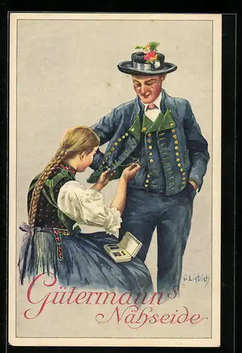 Künstler-AK Curt Liebich: Frau näht Mann einen Knopf an, Reklame für Gütermann`s Nähseide