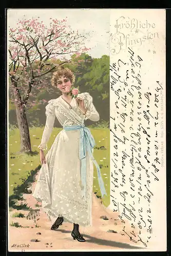 Künstler-AK Alfred Mailick: Frau im Kleid mit Blume, Pfingstgruss