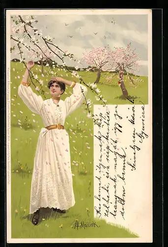Künstler-AK Alfred Mailick: Frau im Kleid auf einer Wiese bei Baumblüte