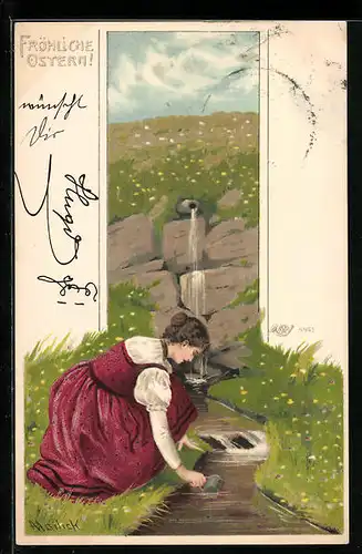 Künstler-AK Alfred Mailick: Frau an einer Quelle, Ostergruss