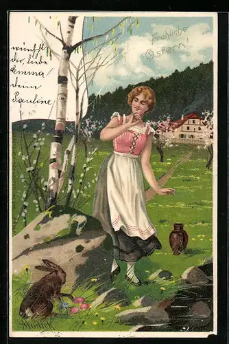 Künstler-AK Alfred Mailick: Frau sieht den Osterhasen, Ostergruss