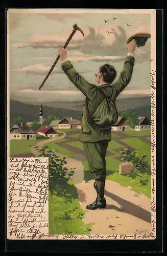 Künstler-AK Alfred Mailick: Rückenansicht von einem Wanderer