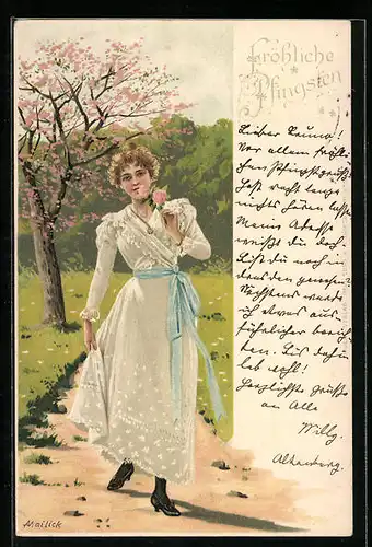 Künstler-AK Alfred Mailick: Frau im Kleid mit Blume, Pfingstgruss