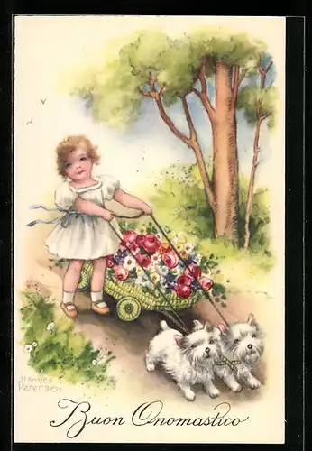 Künstler-AK Hannes Petersen: Mädchen mit Hundegespann