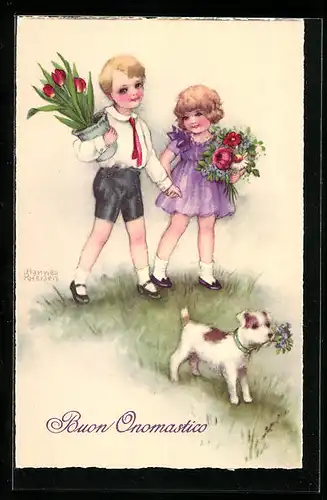 Künstler-AK Hannes Petersen: Kinderpaar mit Blumen und Hund