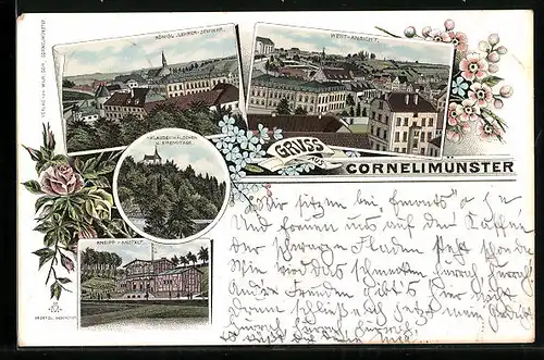 Lithographie Cornelimünster, Kneipp-Anstalt, Klauserwäldchen und Eremitage, Königliches Lehrer-Seminar