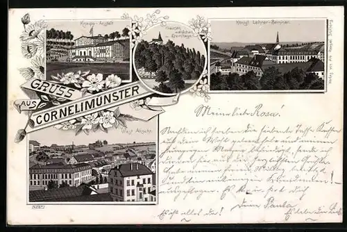 Vorläufer-Lithographie Cornelimünster, 1893, Kneipp-Anstalt, Königliches Lehrer-Seminar, Klauserwäldchen und Eremitage