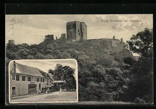 AK Harkerode a. Harz, Nüssleins Gasthaus zum grünen Röckchen, Burg Arnstein