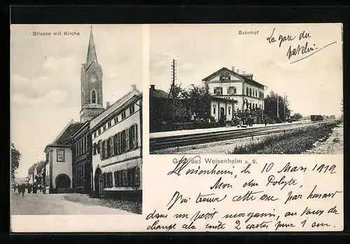 AK Weisenheim a. S., Bahnhof, Strasse mit Kirche