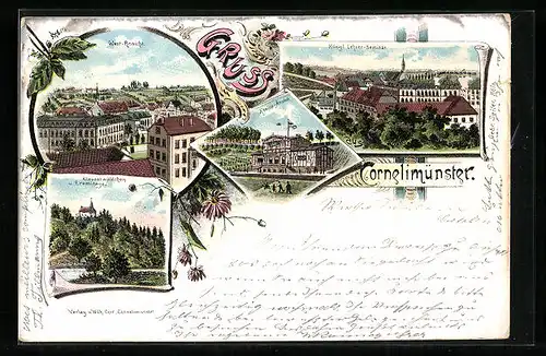 Lithographie Cornelimünster, Königliches Lehrer-Seminar, Kneipp-Anstalt, Klauserwäldchen und Eremitage