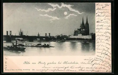 Mondschein-AK Köln, Panorama mit Dom von Deutz aus gesehen