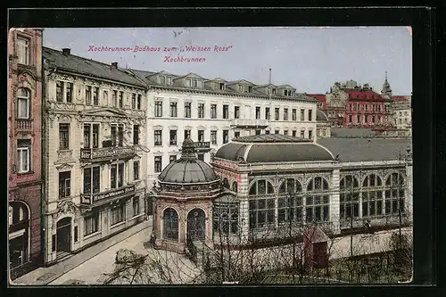 AK Wiesbaden, Kochbrunnen-Badhaus und Privat-Hotel zum Weissen Ross