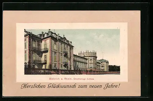 AK Biebrich a. Rhein, Grossherzogliches Schloss im Passepartout-Rahmen, Glückwunsch zum neuen Jahr!