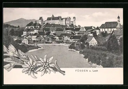 AK Füssen a. Lech, Ortsansicht und Flusspartie, Edelweiss