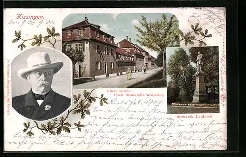 AK Bad Kissingen, Obere Saline, Fürst Bismarcks Wohnung, Bismarck Denkmal