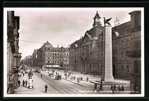 AK Karlsruhe, Lorettoplatz mit Grenadierdenkmal
