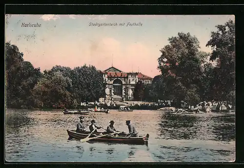 AK Karlsruhe, Stadtgartenteich mit Festhalle