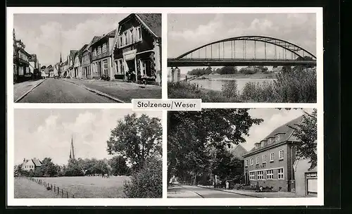 AK Stolzenau / Weser, Postamt, Strassenpartie, Blick zur Kirche, Flusspartie mit Brücke