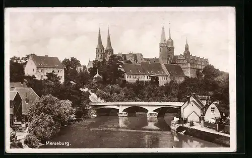 AK Merseburg, Ortsansicht und Flusspartie mit Brücke