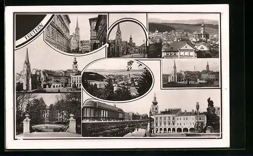 AK Trutnov, Ortsansicht aus der Vogelschau, Ortspartie, Strassenpartie und Blick auf verschiedene Kirchen