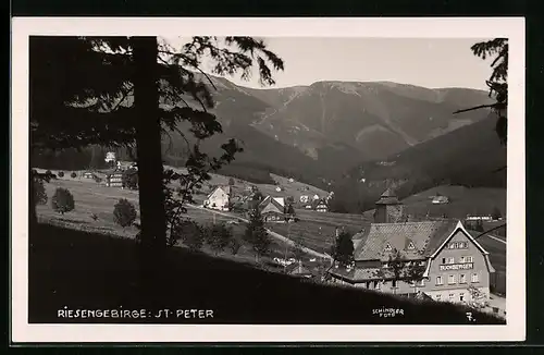 AK Sankt Peter / Riesengeb., Ortsansicht aus der Vogelschau, Hotel-Pension Buchberger