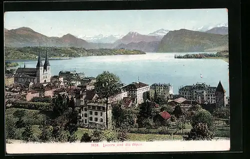 AK Luzern, Totalansicht mit den Alpen