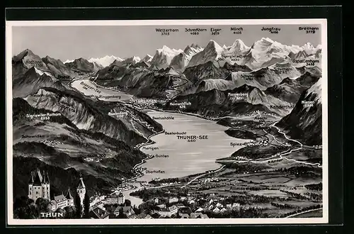 AK Thun, Gesamtansicht der Ortschaften und Berge am Thuner-See