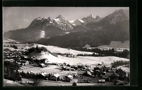 AK Château-d`Oex, Ortsansicht mit Gebirgskette im Winter