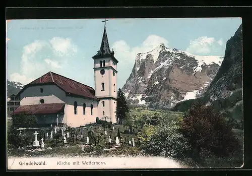 AK Grindelwald, Kirche mit Wetterhorn