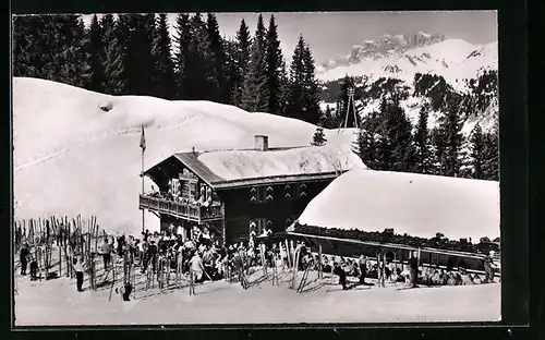 AK Conters im Prättigau, Altes Skihaus Schwendi, Parsenn-Küblis-Abfahrt