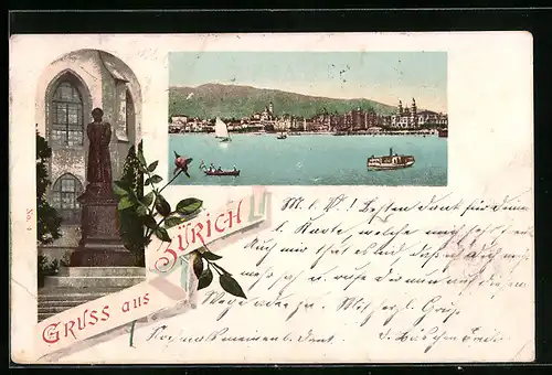 AK Zürich, Stadtansicht und Denkmal