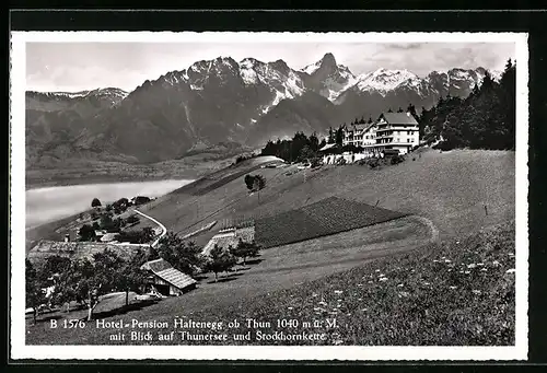 AK Haltenegg ob Thun, Hotel-Pension mit Blick auf Thunersee und Stockhornkette