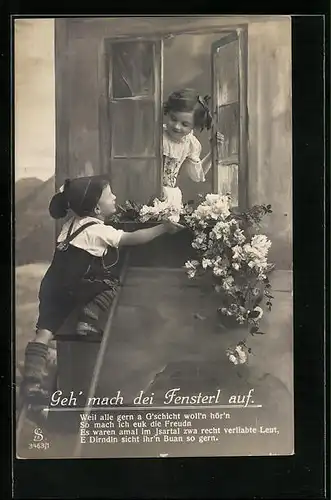 AK Junge auf der Leiter beim Fensterln mit Spruch