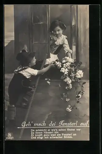 AK Junge auf der Leiter beim Fensterln mit Spruch