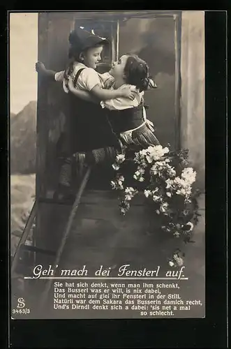 AK Junge auf der Leiter beim Fensterln mit Mädchen, Spruch