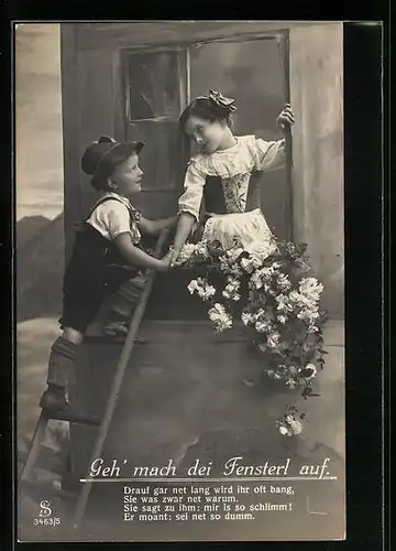 AK Junge auf der Leiter beim Fensterln mit Spruch