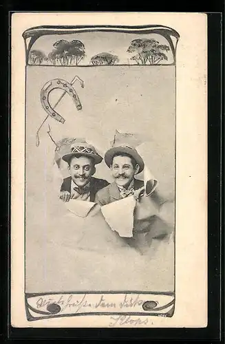 AK Zwei Männerköpfe schauen durch ein Blatt, Fotomontage