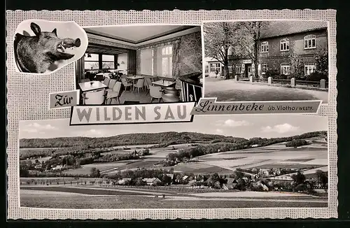 AK Linnenbeke üb. Vlotho /Westf., Ortsansicht und Gaststätte Zur Wilden Sau