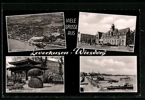 AK Leverkusen-Wiesdorf, Ortsansicht vom Flugzeug aus, Verwaltungsgebäude der I. G., Rathaus mit Stadthochhaus, am Rhein