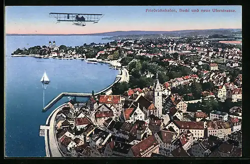 AK Friedrichshafen, Bucht und neue Uferstrasse, Flugzeug über der Stadt