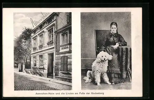 AK Bad Godesberg, Aennchen-Heim und die Linden am Fusse der Godesburg mit Aennchen und Hund