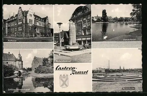 AK Castrop-Rauxel, Rathaus, Reiterdenkmal, Gondelteich, Schloss Bladenhorst, Rennbahn