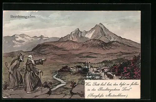 Künstler-AK Berchtesgaden, Mönche blicken in das Berchtesgadener Land