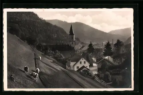 AK Zell im Wiesental (Schwarzwald), Ortsansicht mit Kirche